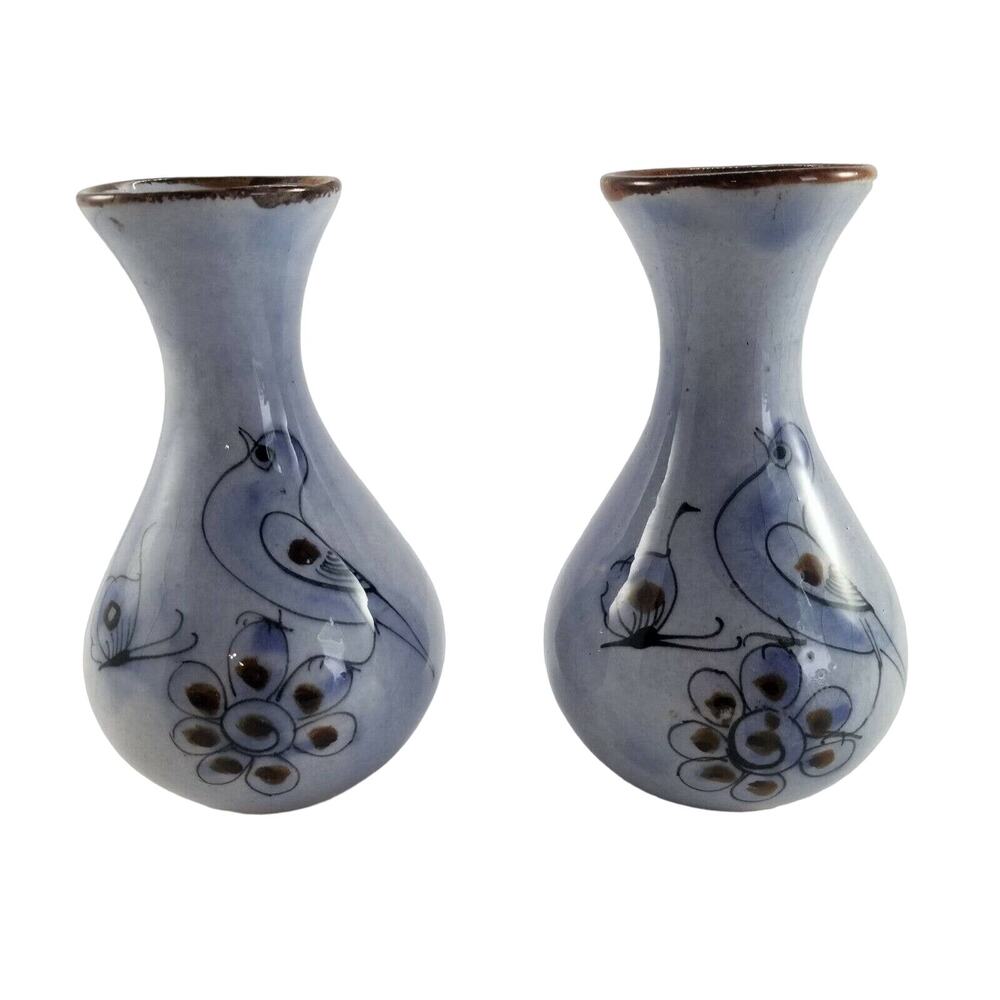 Vintage Mexico Pottery Blue Bird Butterflies Bud Vase Hand Painted Signed CHIP